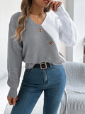 Fongt Shooting 2025 Autumn And Winter Casual V-Neck Button Bump Color Lantern Sleeve Sweater