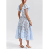 Fongt Women's New Deep V Lace Hollow Dress