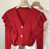 Women Cardigan Sweet Ruffles Chic Diamond Tunic Knitted Sweater Coat Sueter De Mujer Fashion Pull Femme Korean Tops