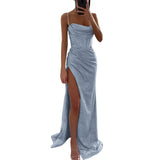 Gentle Light Blue Long Evening Prom Dress Women Sexy Sequins High Slits Spaghetti Straps Dress Female Graduation Gowns-Outfit