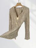 Fongt Mocha Lazy Wind French V Neck Slit Sweater Women's New Autumn Design Sense Top Button Sweater-Outfit
