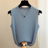 New Fashion Female Sleeveless Casual Thin Tops Ice Silk Knitted Vests Women Tops O-neck Solid Tank White Black Tops