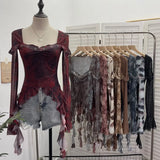 Double-Layer Screen Printing Hottie Retro Collar Horn Long-Sleeved Top Irregular Ribbon Short T-Shirt