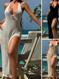 Fongt Beach Hooded Jersey Hollow Knitted Back Sexy Open Slings Long Beach Skirt Sun Protection Suit