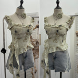 Fongt Shoot French Retro Irregular Lotus With Chest Cushions With Ribbon Sling Vest Summer Chiffon Top 9137