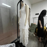 Fongt Sleeveless Slings With Lot Leaves Side-Off Long Dress Hot Net Yarn Splicing Holiday Dress