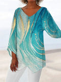 Printed Long Sleeve V-neck Patchwork