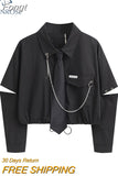 Punk Style Women Shirt Gothic Harajuku Dark Tie And Chain Long Sleeve Split Goth Design Streetwear Blouse Girl Crop