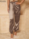 Women Trousers ZANZEA Casual Elastic Waist Solid Satin Long Pants Female Loose Homewear 2022 Fashion OL Pantalon
