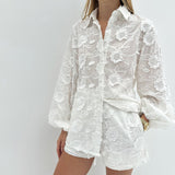 Fongt Suit 2024 Spring Autumn New Fashion Cotton Embroidered See-Through Shirt High Waist Shorts-Outfit