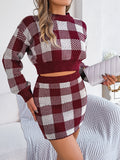 Shooting Autumn And Winter Casual Lattice Long Sleeve Open Umbilled Sweater Hip Skirt Suit Women's