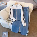 Fongt Zippered Cowboy Splicing Two Sets Of Spring And Autumn 2025 New Cowboy Splicing Long Sleeve Tops Wide Leg Trousers