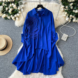 Fongt Version Of High-End Sense Polo Collar Shirt Women Autumn Three-Dimensional Flowers Loose Irregular Folding Tail Design Top
