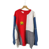 Fongt And Winter Cowboy Sleeve Splicing Bumpy Smiley Face Loose-Fitting Sweater Round Collar Knitted Bottoming Shirt Woman