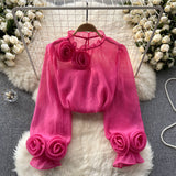 Fongt Shirt Female Design Sense Small Three-Dimensional Flower Bubble Sleeves To Reduce The Age Of Pure Color Chiffon Shirt Women's Long-Sleeved Top