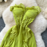 Fongt Style Dress 2025 Summer French Sexy Chest To Close Waist Thin Open Lotus Leaves Side Irregular Dress