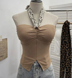 Fongt Shot Leopard-Print Silk Scarf Hanging Neck Design Folded Bra Strap Chest Pad Vest Short Sleeveless Top Lady 9206