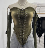 Fongt Sexy Tset Blouse Irregular Cowboy Splicing Mesh Yarn Tie With Short T-Shirt 6105