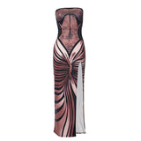 Women Vintage Butterfly Oil Painting Print Dresses Wrap Strapless High Split Dresses Prom Casual Gowns-Outfit