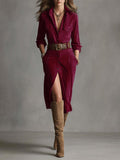 Fongt Autumn And Winter 2025 Autumn And Winter Velvet Temperament Buckle Shirt Collar Long Dress With Belt