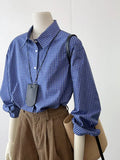Fongt Class Recommendation! Really Good ~ Korean Version Of The Blue Plaid Shirt Women's Loose Collar Shirt
