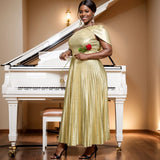 Fongt Summer New Elegant One-Shoulder Sleeveless Dress Dress Banquet Of Gold Folds Dress Dress