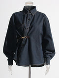 Fongt Denim Jacket 2025 Fall Fashion Casual Denim Waist Chain White Commuting Long Sleeves Cowboy