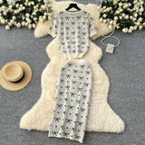 Fongt Suit Women's 2025 Summer High-End Round-Neck Short-Sleeved Bow Print Top High-Waisted Hip Skirt