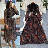 Fongt Fashionable Dress Women's French Nail Polish Brighten Embroidery V Collar Long Sleeve Leopard Print Elegant Long Dress