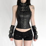 Fongt Street Babes High-Necked Metal Buckle Leather Waist Design Repair Short Sleeveless Top