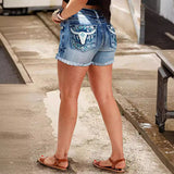 Fongt Summer Vintage Bull Head Embroidery To Make Old Fur-Edge Shorts Denim Hot Pants