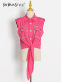 Loose Shirt For Women Lapel Sleeveless Patchwork Diamonds Solid Minimalist Blouses Female Summer Clothing Style