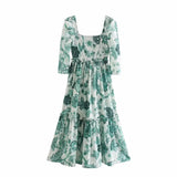 Flower Printing Three Quarter Sleeve Dress Casual Female Square Collar Loose Clothes Lady Vestido
