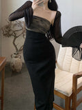 Chinese Summer Suit Female Figure Thin Cardigan Waist Splicing Medium-Long Style Buttocks Wipe Chest Dress Two-Piece Set-Outfit