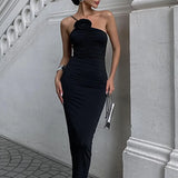 Fongt Women's Wear 2023 Summer New Sexy Show Back One Shoulder Pleated Slim Temperament Dress
