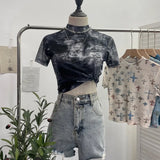 Real Shooting Retro Tie-Dye Double-Layer Mesh Half-High-Neck Short-Sleeved T-Shirt T-Shirt Short-Sleeved T-Shirted Woman