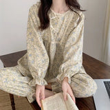 Rround Collar Pajamas Retro Flower Print Sweet Girl Princess Long Sleeve Homewear Suit Spring Summer