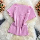 Fongt Spice Sister Wind Short T Shirt Short Sleeve Design Sense Small Square Collar Machine Dew Collarbone Crop Sweater Jacket Female-Outfit
