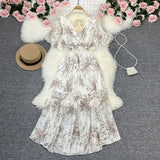 Fongt Wind Temperament Sweet Broken Flower V Collar Dress Beach Vacation Snow Spinning A Word Long Skirt-Outfit