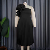 Fongt Fashion Three-Dimensional Flower Dress Sexy Shoulder Slanted Hundredfolded Dresses