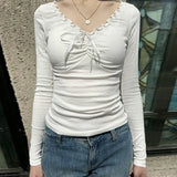 Solid Color Ruffled V-Neck Bow Long Sleeve Tee-Outfit