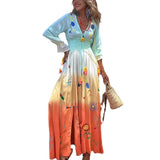 Fongt Women's V-Neck Dress Print Tamped Tannesor Long Sleeves 8077