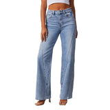 Fongt Ebay New Comfortable Casual Loose Splicing Wide Leg Women's Jeans-32149-Outfit