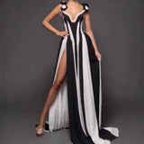 Fongt Women's New Three-Dimensional Flowers Sexy Deep V Black And White Striped Sleeveless Dress