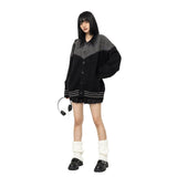Fongt And Winter Wearing Black Ash Splicing Colliding College Style Cardigan Sweater Over The Couple Niche Oversize Knitwear Shirt