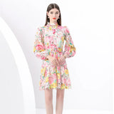Fongt High-End Squeer Hook Lace Dress Women's Waists Thin High-Collar Lantern Sleeves A-Shaped Skirt