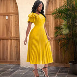 Fongt Multi-Color Lotus Leaf Sleeve Pressure Skirt Dress 100 Folds Short Sleeve Dress Elegant Dress