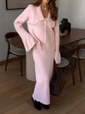 Fongt And Winter Solid Color Overturned Sweater Suit Female Horn Sleeve Temperament Knitted Polo Skirt Two-Piece