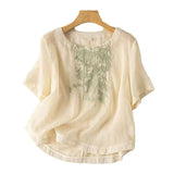 Fongt Cotton T-Shirt Women's Summer Size 2025 New Mother Loose Rib Linen Short-Sleeved T-Shirt