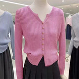 Gentle Style Sweater Spring And Autumn New Solid Color Gold Button V Neckline Sweater Cardigan Short Outer Coat-Outfit